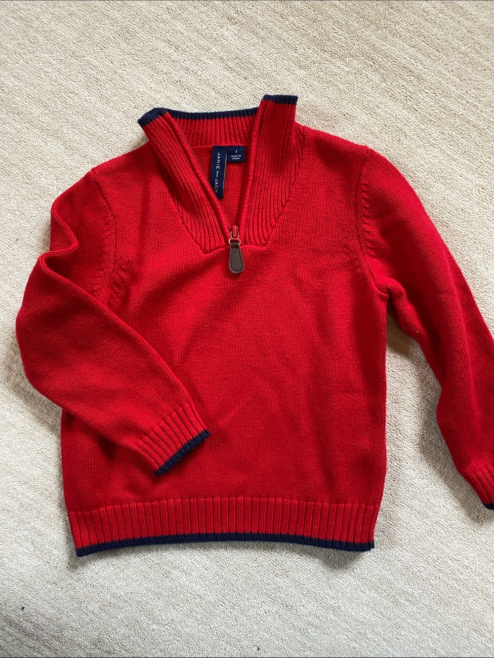 Janie and Jack Red Half-Zip Sweater with Navy Trim